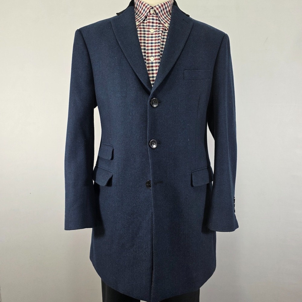 Tallia Men's Over Coat Navy Three Button Navy Blue Herringbone‎ Wool Blend LARGE